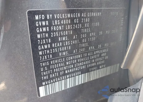 2014 Volkswagen Tiguan Sel z USA, uszkodzony, nr VIN WVGAV3AXXEW556304